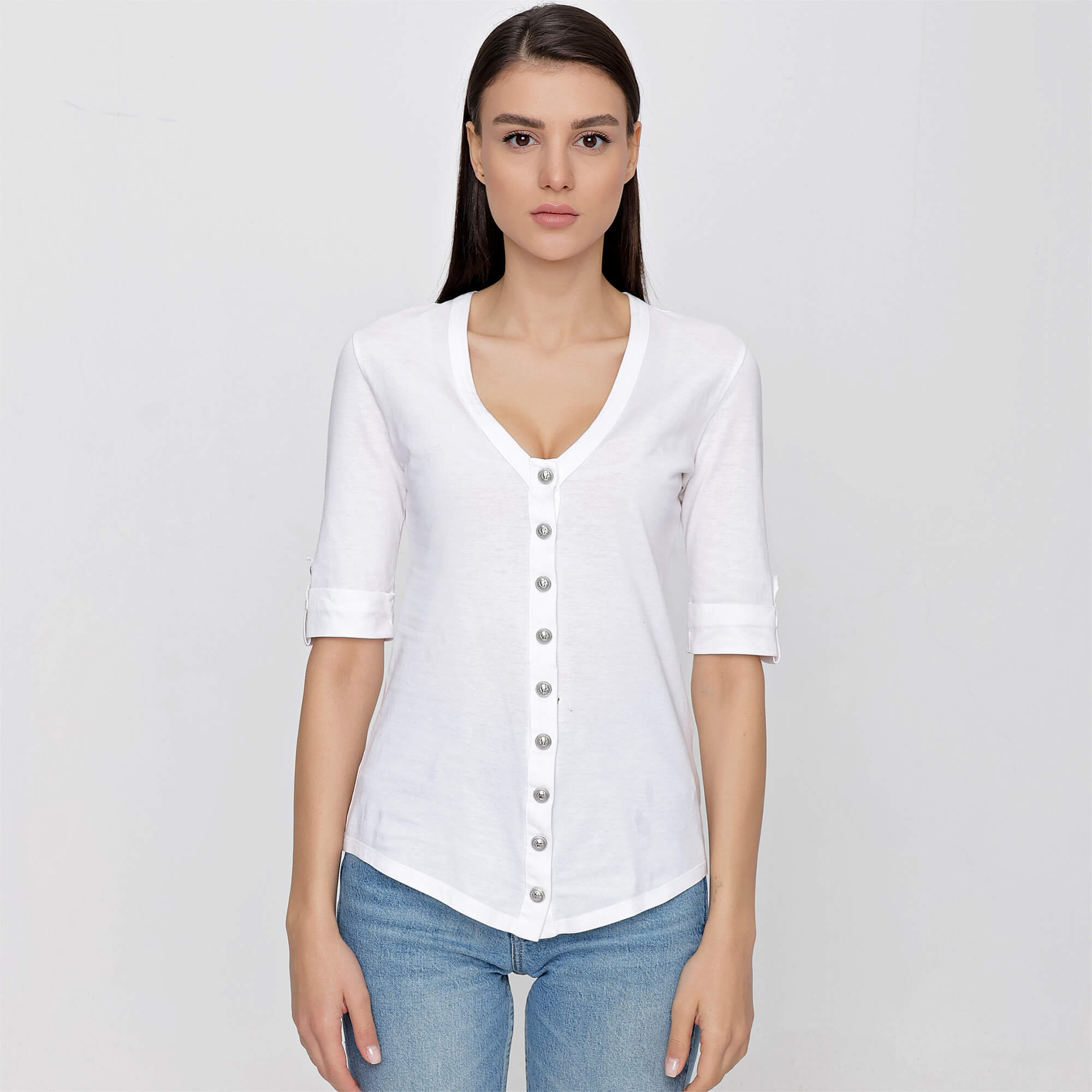 Balmain - White Cotton Button Front V Neck Half Sleeve T Shirt